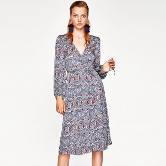 ZARA Silky Blue Paisley Authentic Wrap Longsleeve Midi Dress - Picture 3 of 15